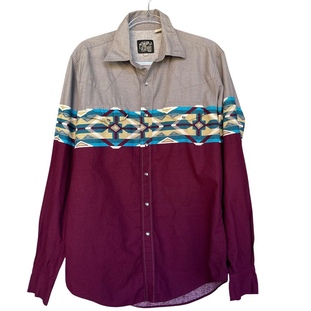 Roper Western Shirt Men Medium Gray Burgundy Pearl Snap Aztec Print Cowboy Rodeo